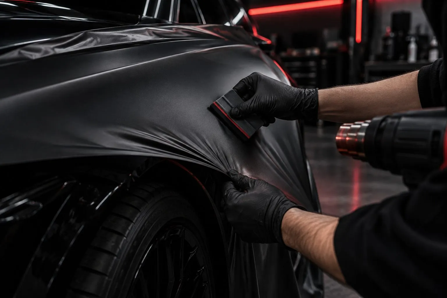Pose d'un covering noir satiné sur une aile de voiture